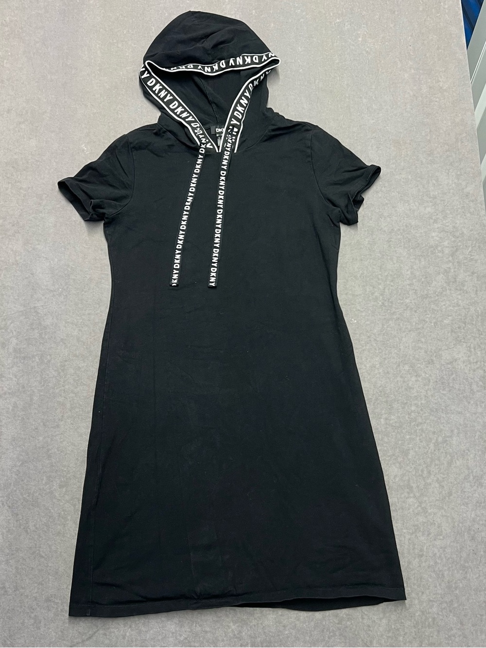 DKNY Black Short-Sleeve Hooded Mini Dress with Logo Drawstrings
